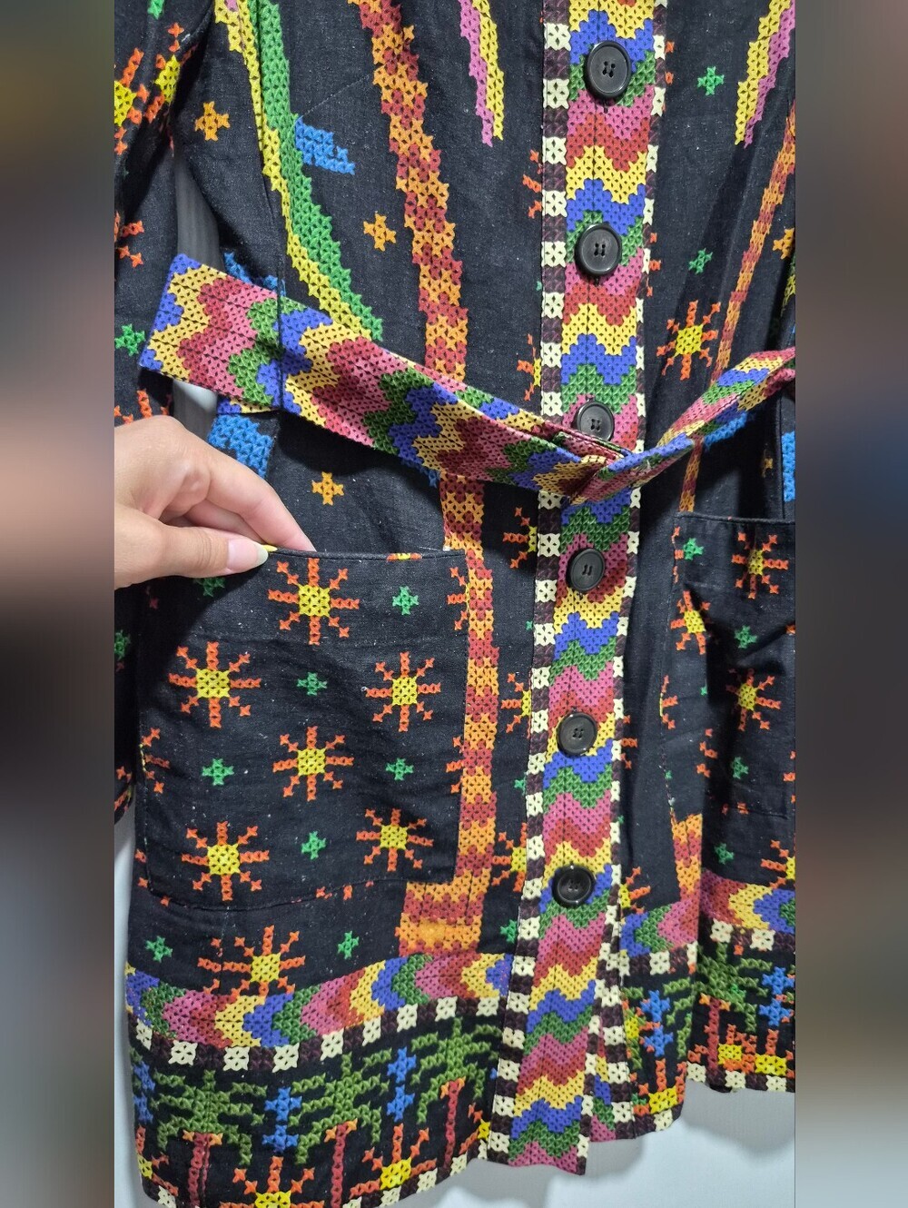 Farm Rio Macaw Night Long Sleeve Linen Blend Mini Colorful Belt Dress Size S - Picture 7 of 15